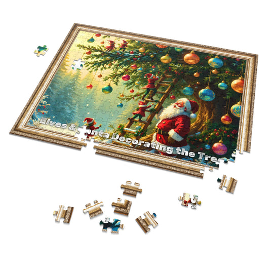 Elves and Santa Decorating the Tree Jigsaw Puzzle – A Whimsical Holiday Scene