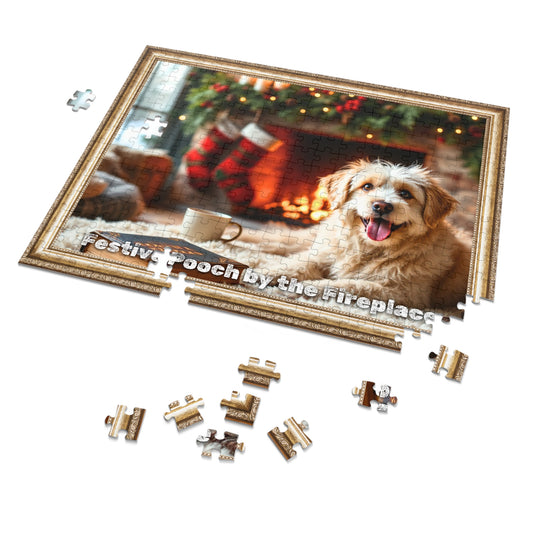 Festive Pooch by the Fireplace Jigsaw Puzzle – A Cozy Holiday Companion