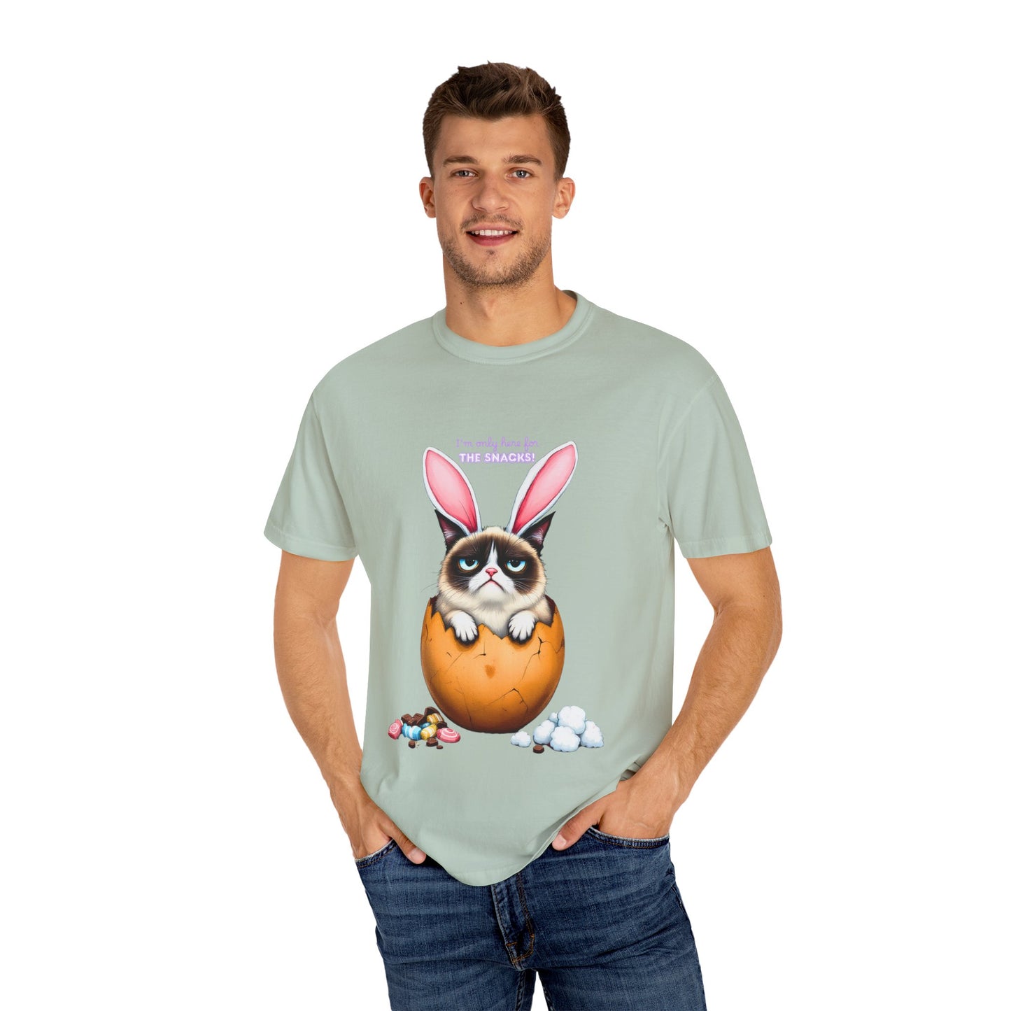 Comfort Colors 1717 Unisex Garment-Dyed T-shirt - “I’m Only Here for the Snacks” Funny Easter Bunny Cat Tee