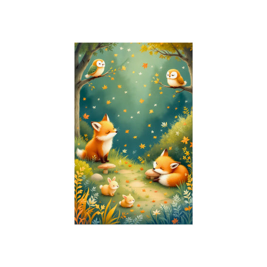 Illustration of two foxes and a bird in a forest setting with trees and foliage.