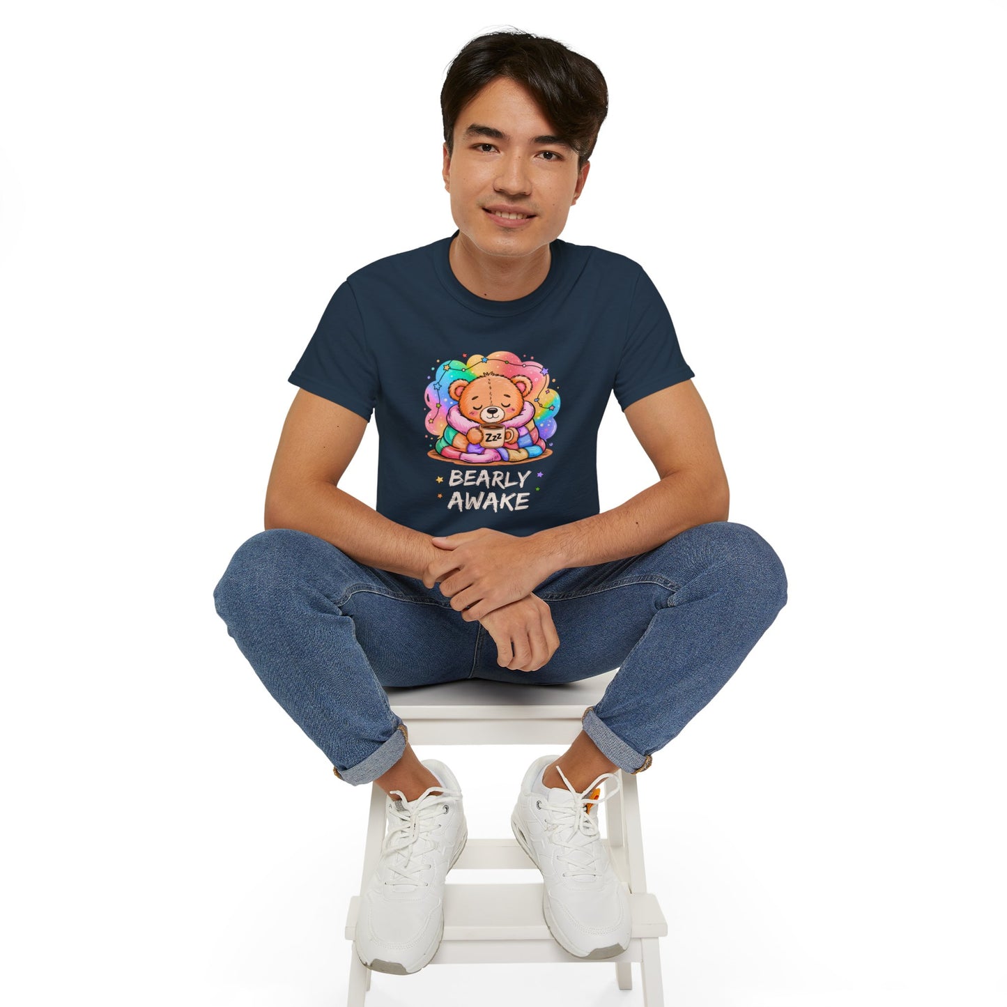 Bearly Awake Teddy Bear Tee | Cute Coffee Bear Wrapped in Rainbow Blanket