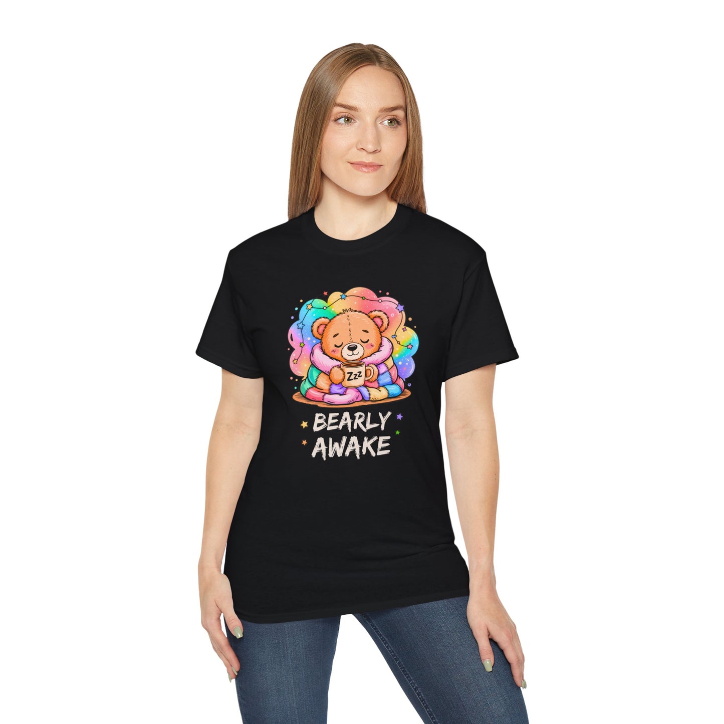 Bearly Awake Teddy Bear Tee | Cute Coffee Bear Wrapped in Rainbow Blanket
