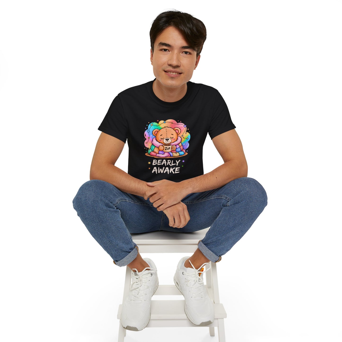 Bearly Awake Teddy Bear Tee | Cute Coffee Bear Wrapped in Rainbow Blanket