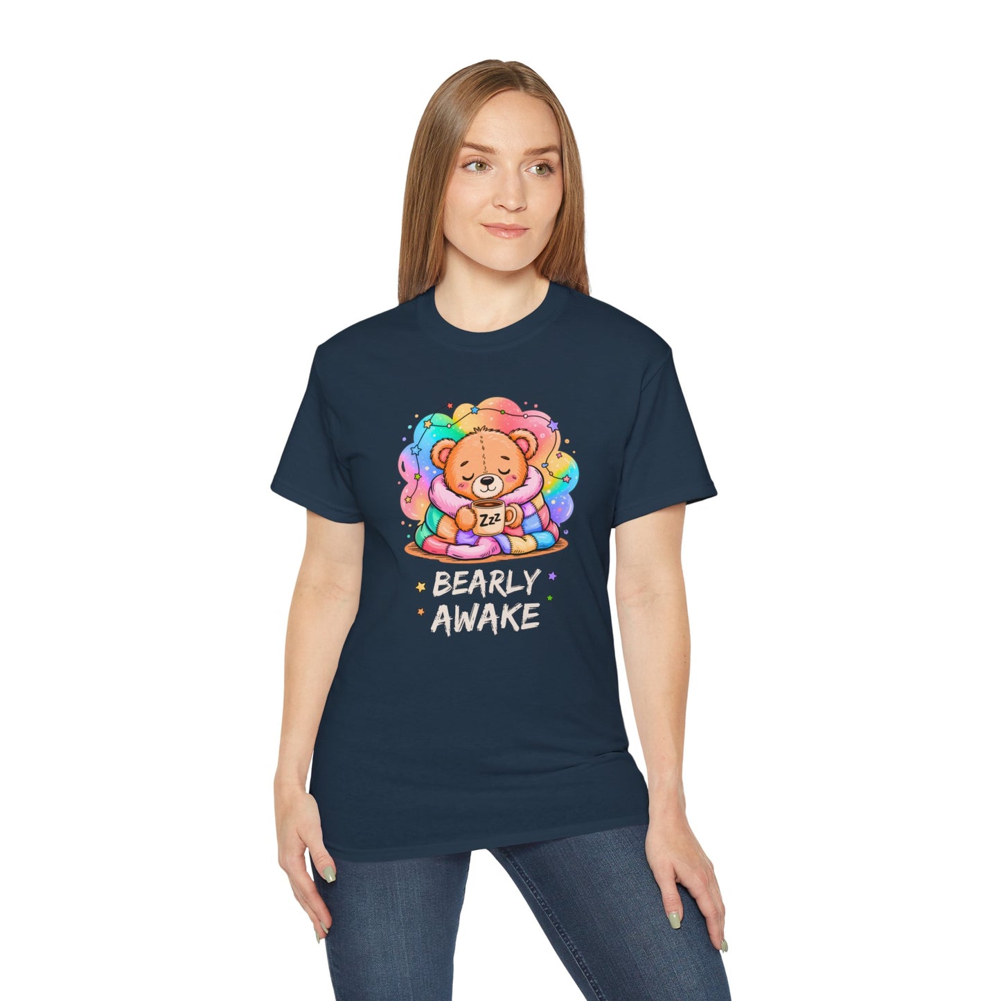 Bearly Awake Teddy Bear Tee | Cute Coffee Bear Wrapped in Rainbow Blanket