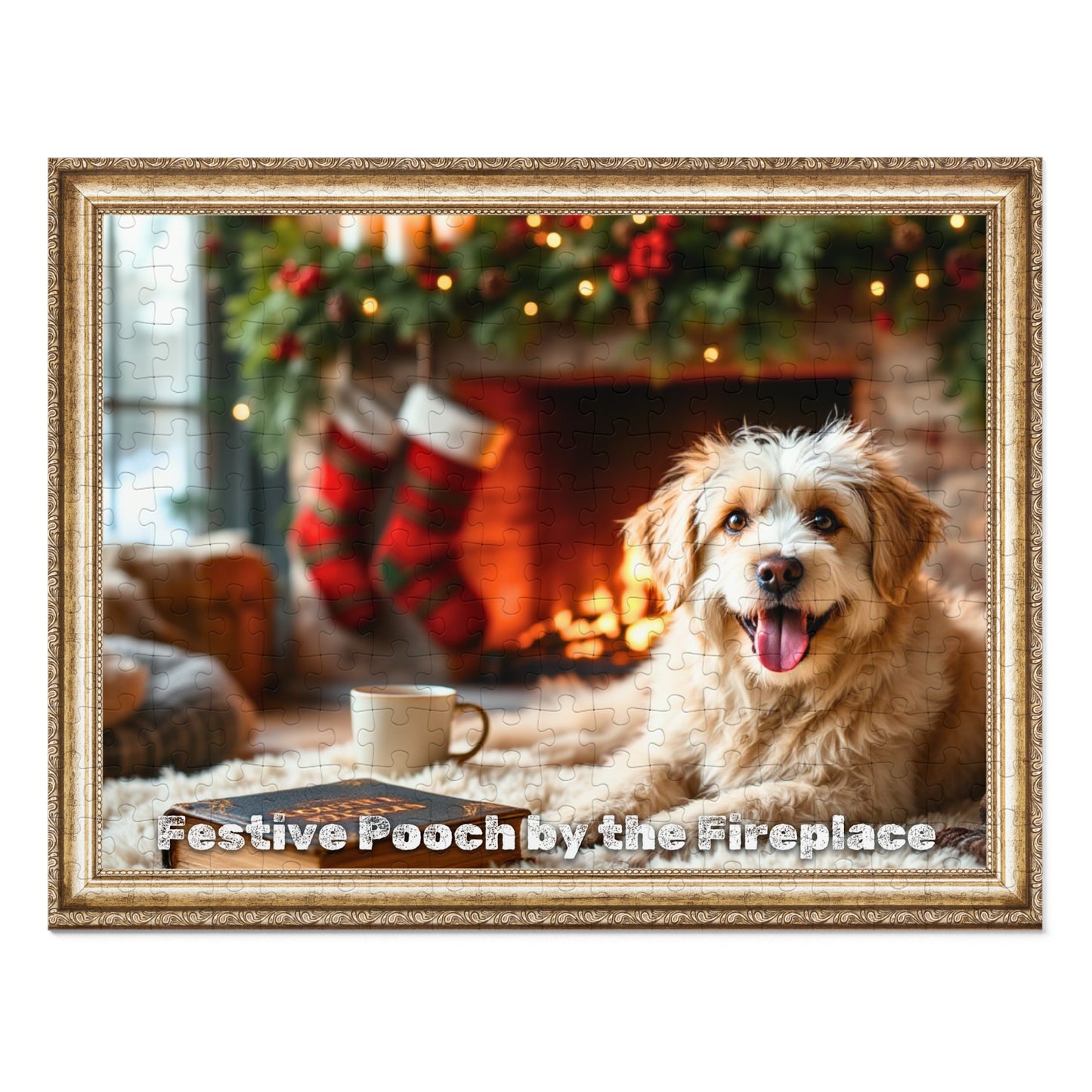 Festive Pooch by the Fireplace Jigsaw Puzzle – A Cozy Holiday Companion
