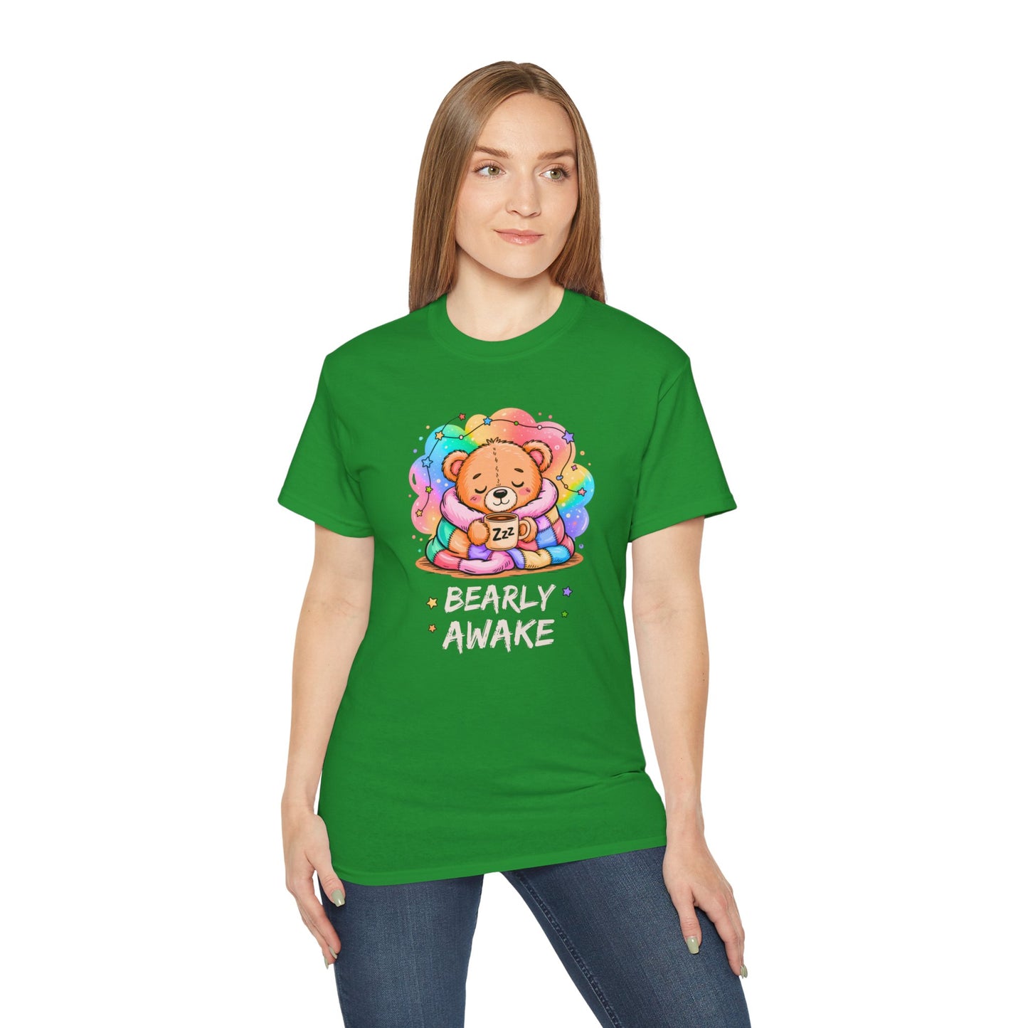 Bearly Awake Teddy Bear Tee | Cute Coffee Bear Wrapped in Rainbow Blanket