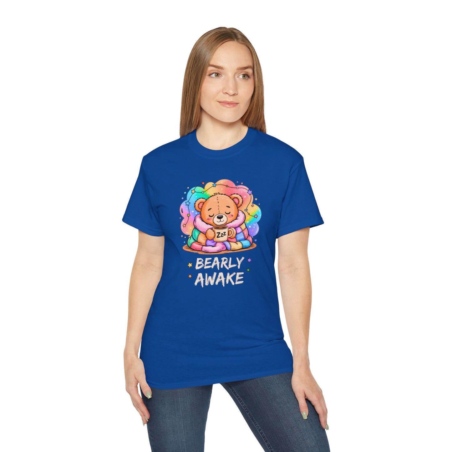Bearly Awake Teddy Bear Tee | Cute Coffee Bear Wrapped in Rainbow Blanket