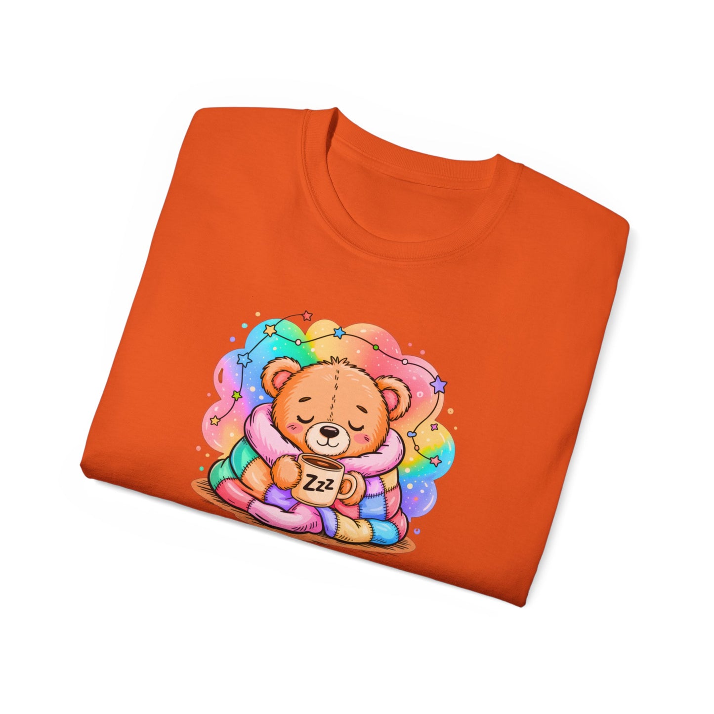 Bearly Awake Teddy Bear Tee | Cute Coffee Bear Wrapped in Rainbow Blanket
