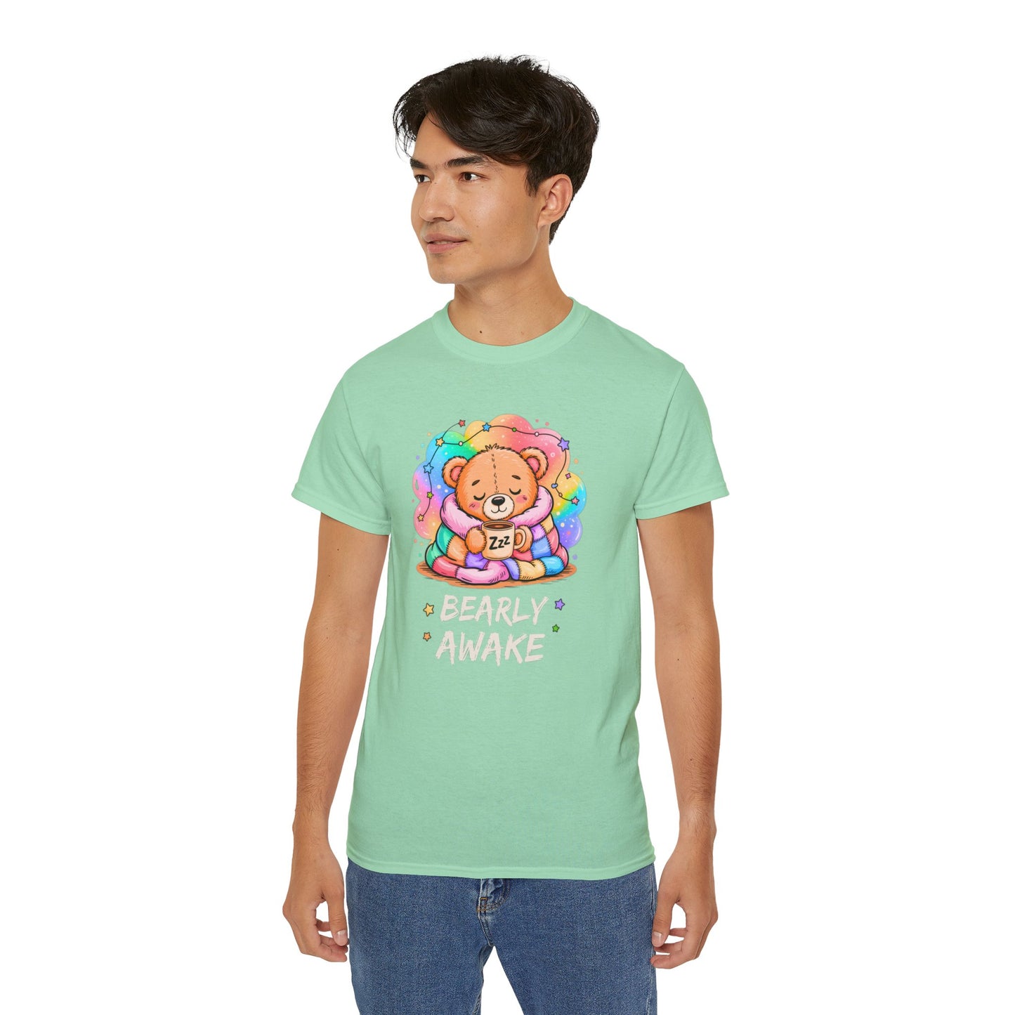 Bearly Awake Teddy Bear Tee | Cute Coffee Bear Wrapped in Rainbow Blanket