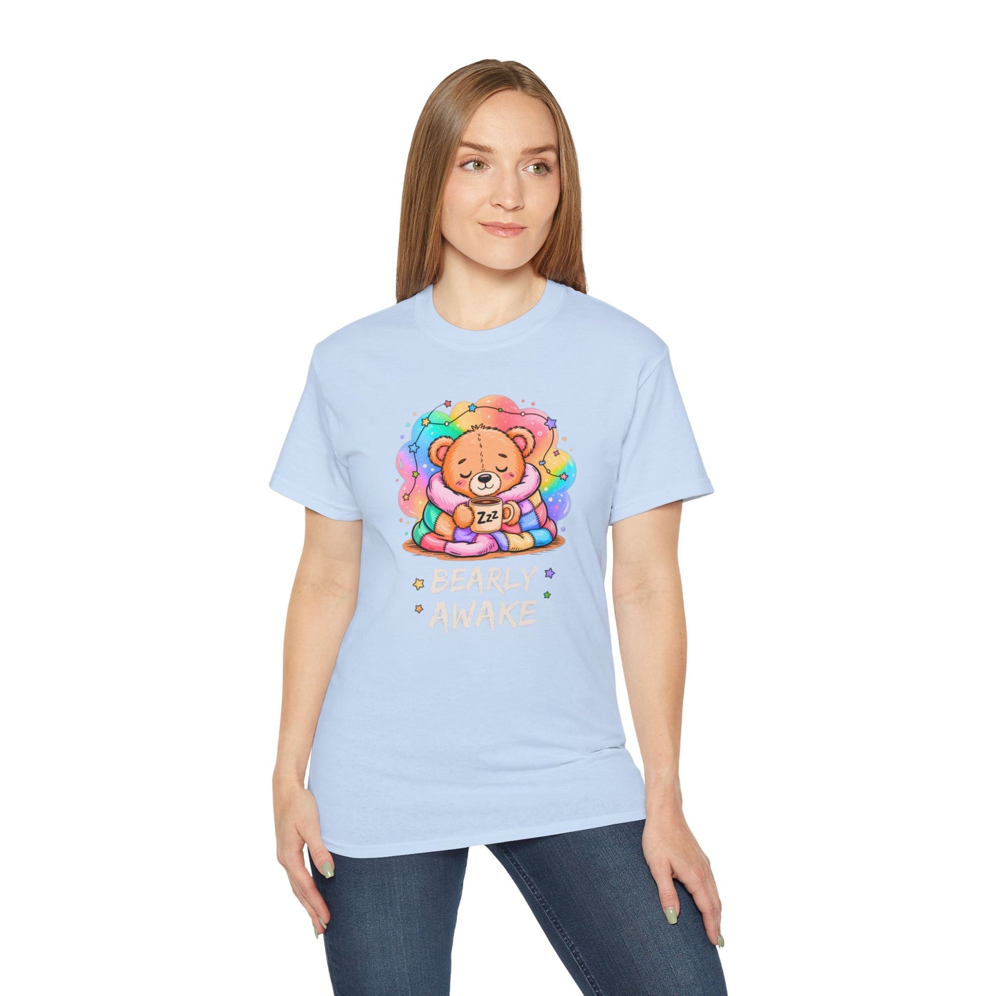 Bearly Awake Teddy Bear Tee | Cute Coffee Bear Wrapped in Rainbow Blanket