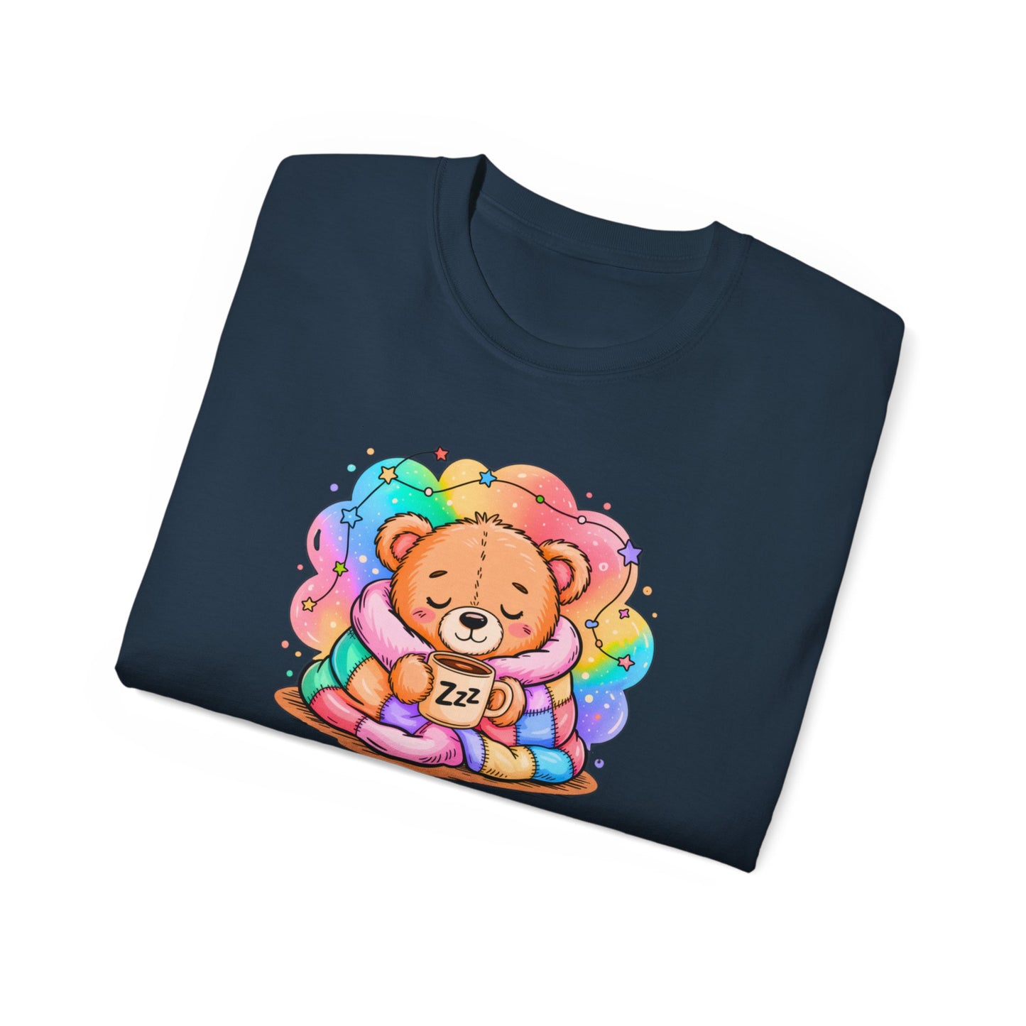 Bearly Awake Teddy Bear Tee | Cute Coffee Bear Wrapped in Rainbow Blanket