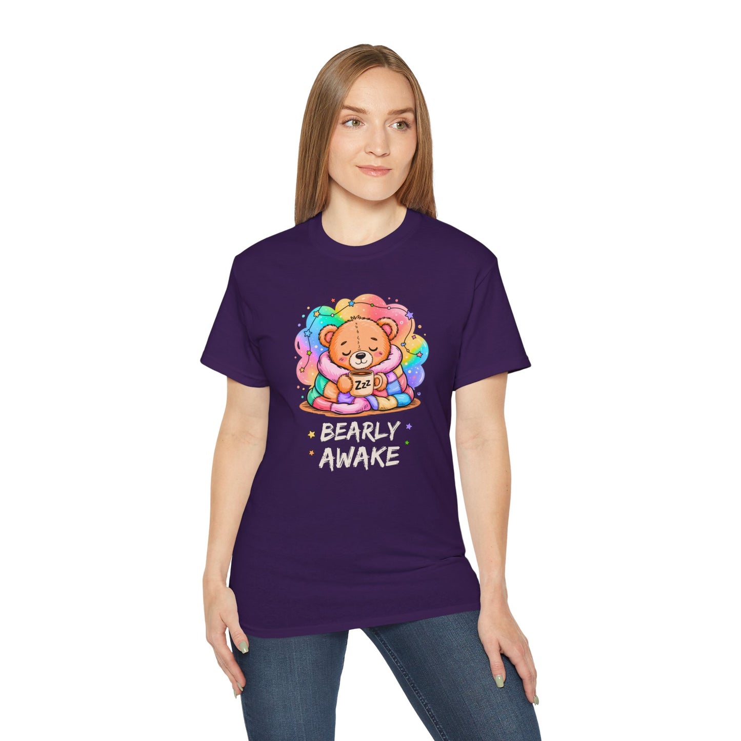 Bearly Awake Teddy Bear Tee | Cute Coffee Bear Wrapped in Rainbow Blanket