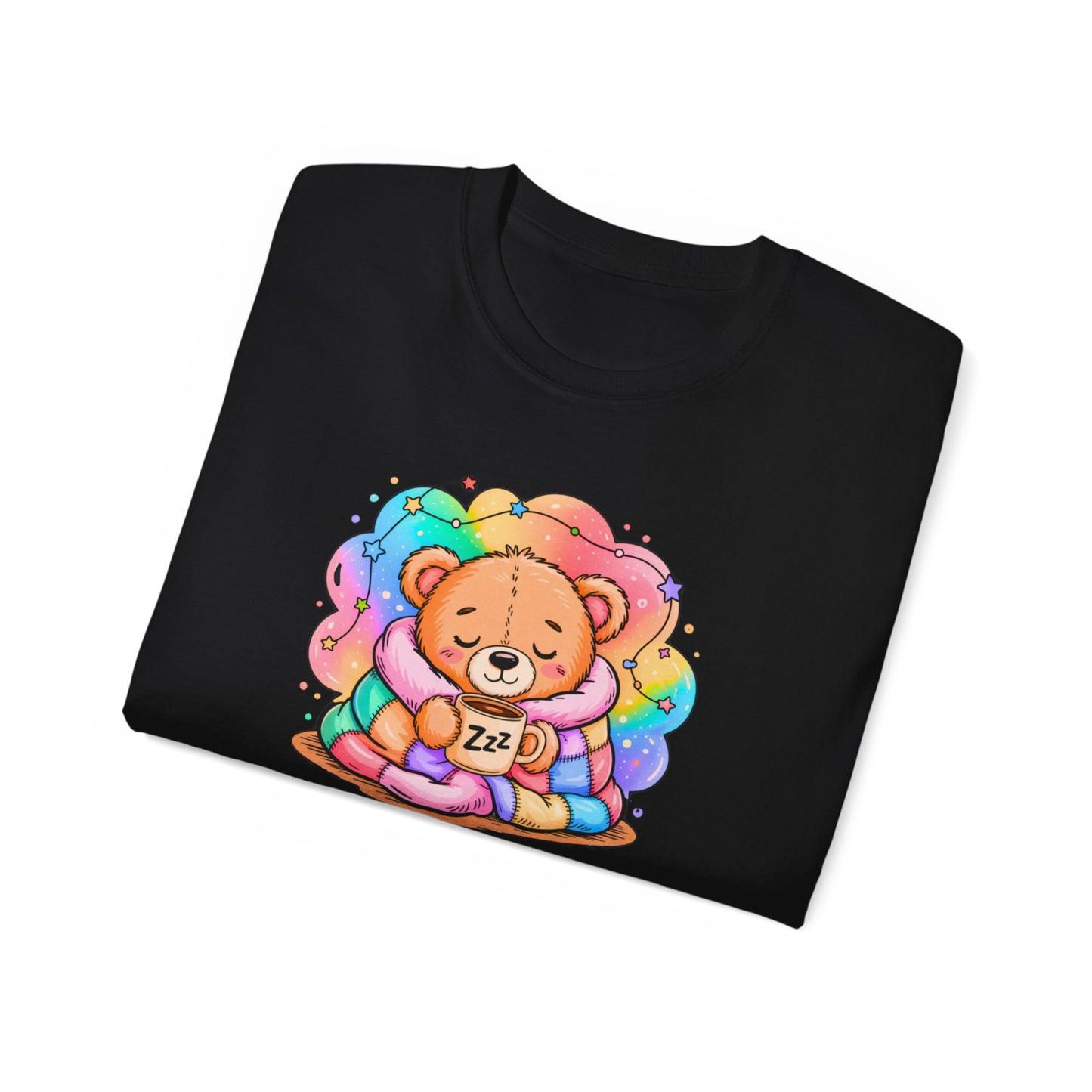 Bearly Awake Teddy Bear Tee | Cute Coffee Bear Wrapped in Rainbow Blanket