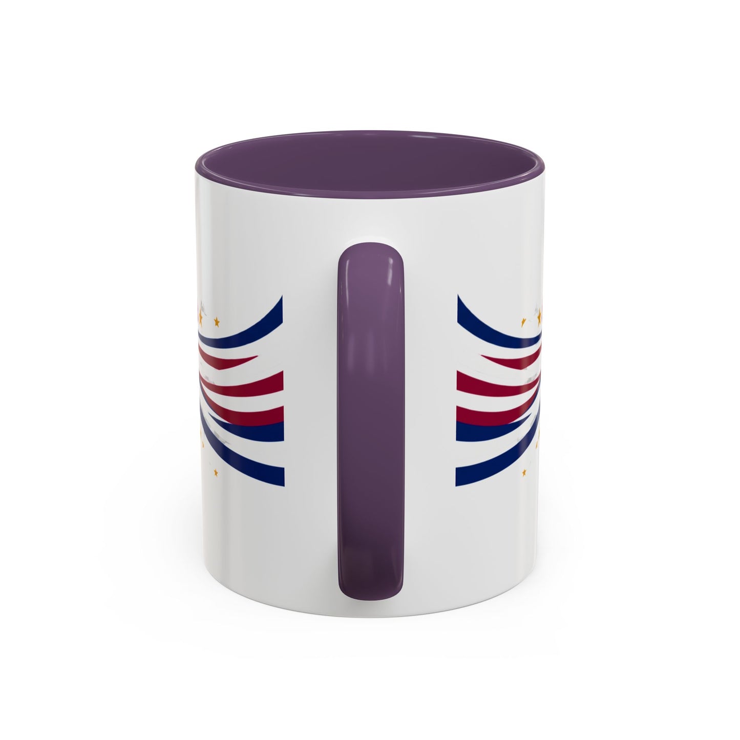 White mug with purple interior and handle, featuring red and blue striped patterns on a white background.