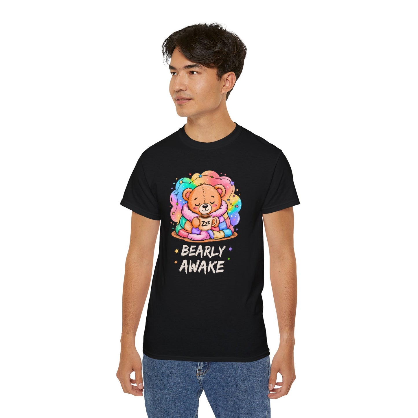 Bearly Awake Teddy Bear Tee | Cute Coffee Bear Wrapped in Rainbow Blanket