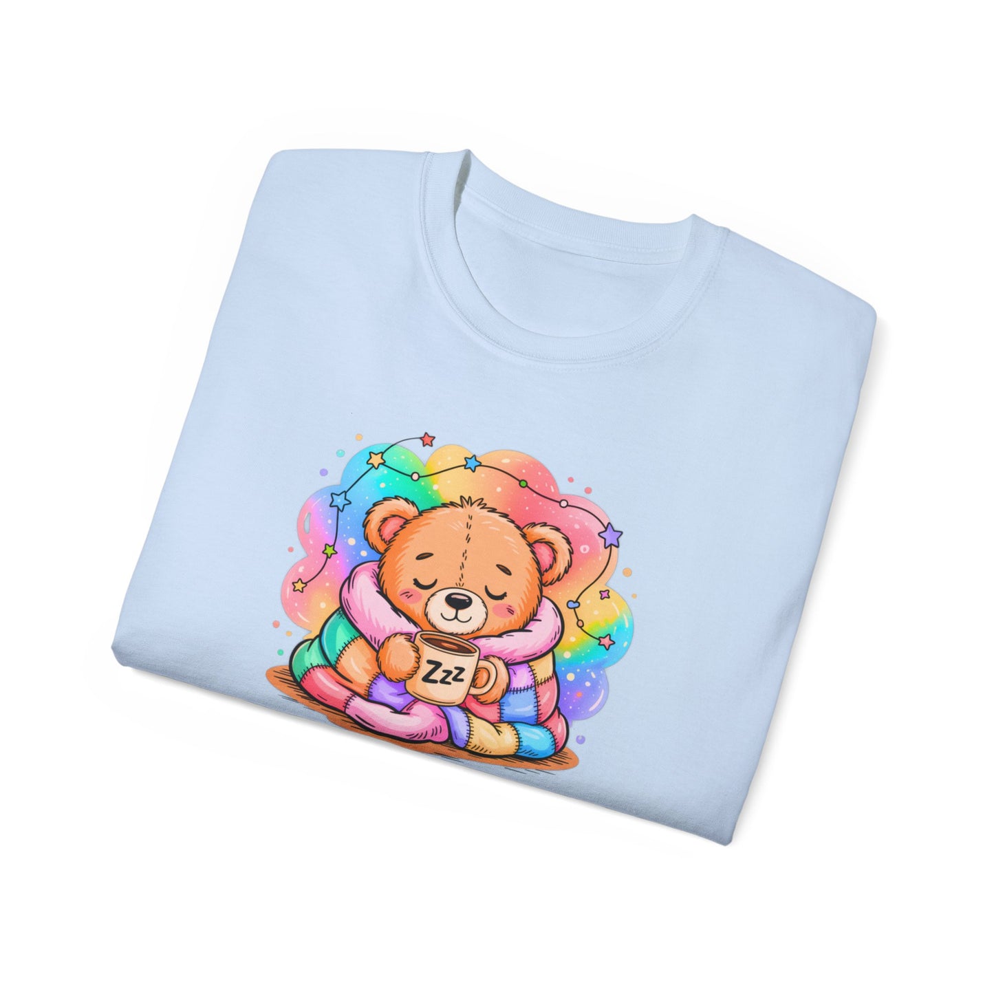 Bearly Awake Teddy Bear Tee | Cute Coffee Bear Wrapped in Rainbow Blanket
