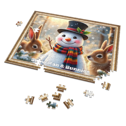 Snowman & Bunnies Winter Jigsaw Puzzle with Metal Tin – Holiday Cheer with a Framed Touch