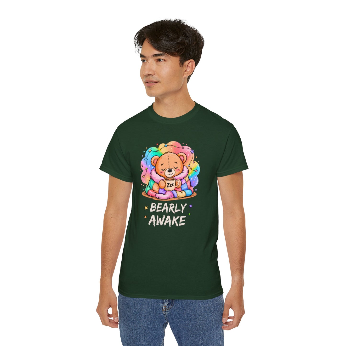 Bearly Awake Teddy Bear Tee | Cute Coffee Bear Wrapped in Rainbow Blanket