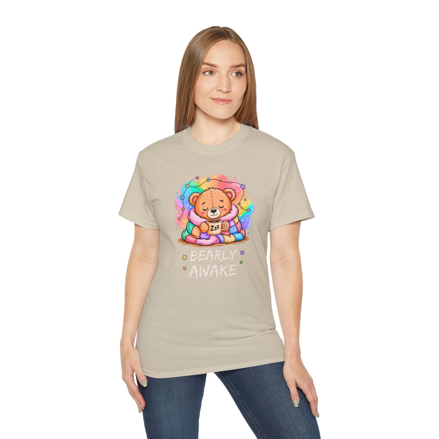Bearly Awake Teddy Bear Tee | Cute Coffee Bear Wrapped in Rainbow Blanket