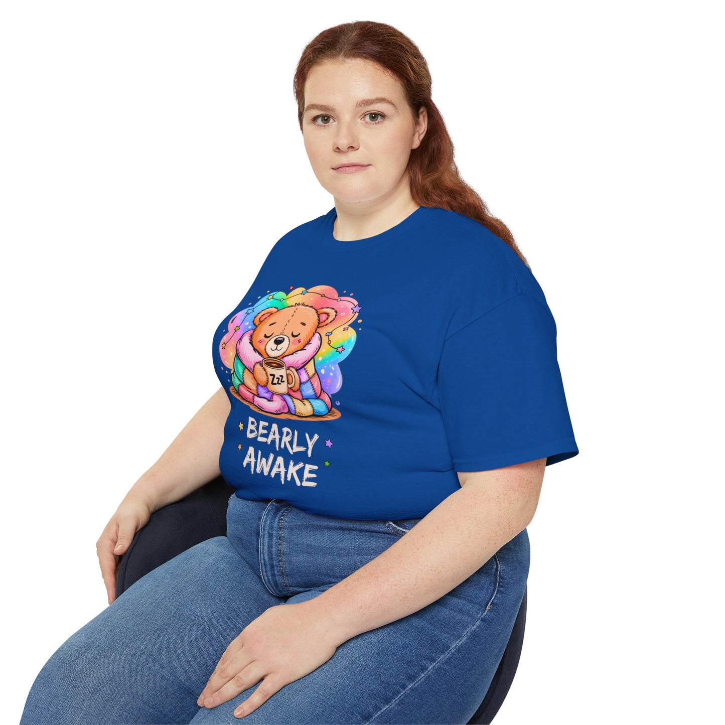 Bearly Awake Teddy Bear Tee | Cute Coffee Bear Wrapped in Rainbow Blanket