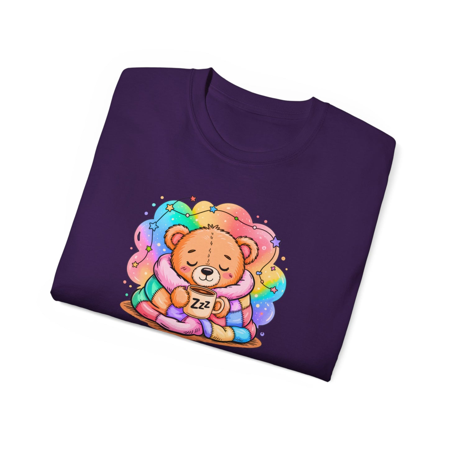 Bearly Awake Teddy Bear Tee | Cute Coffee Bear Wrapped in Rainbow Blanket