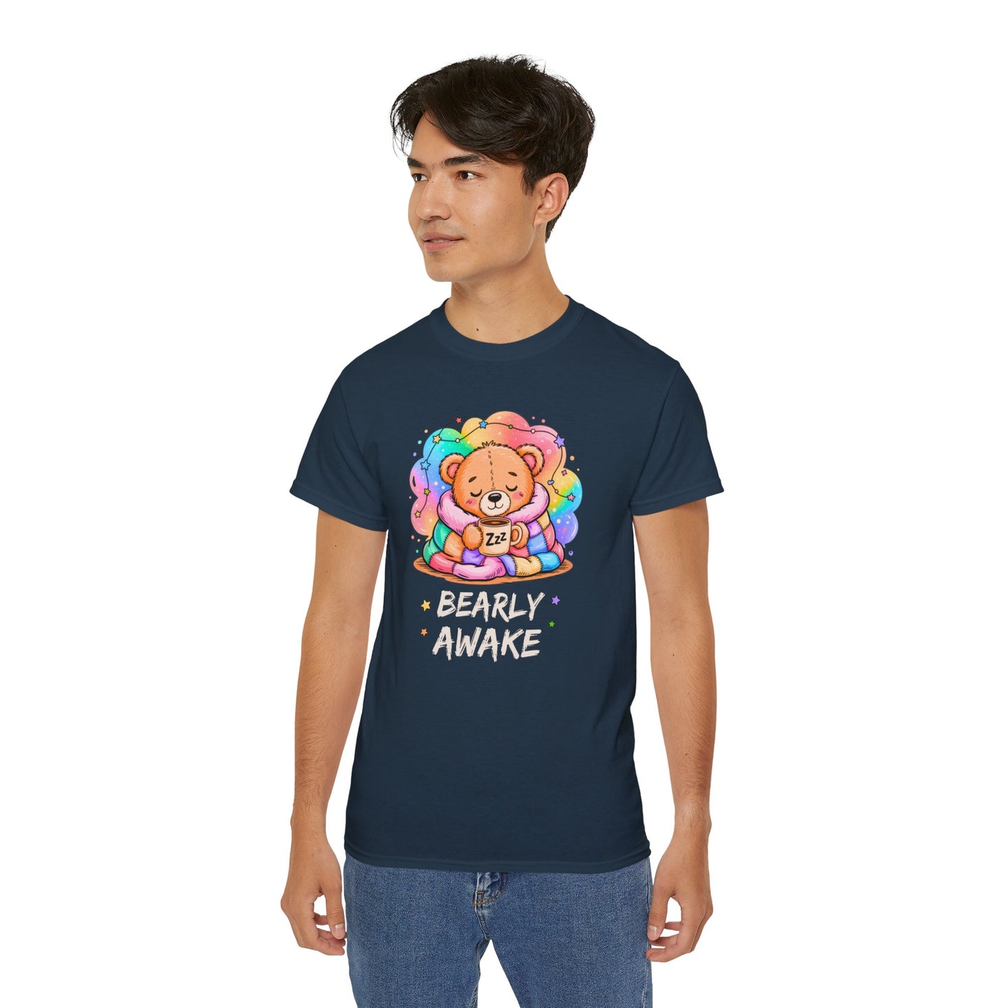 Bearly Awake Teddy Bear Tee | Cute Coffee Bear Wrapped in Rainbow Blanket
