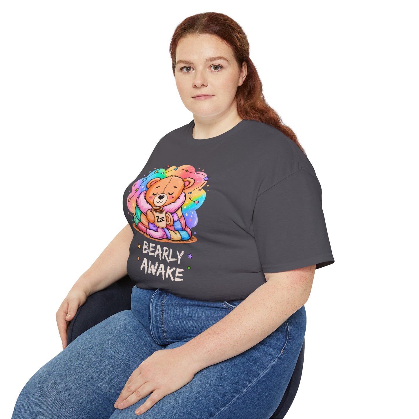 Bearly Awake Teddy Bear Tee | Cute Coffee Bear Wrapped in Rainbow Blanket