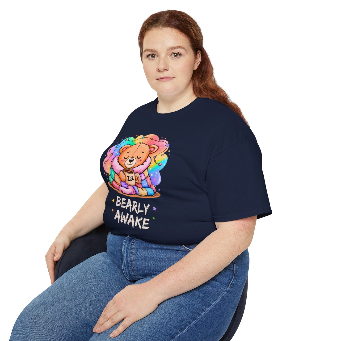 Bearly Awake Teddy Bear Tee | Cute Coffee Bear Wrapped in Rainbow Blanket