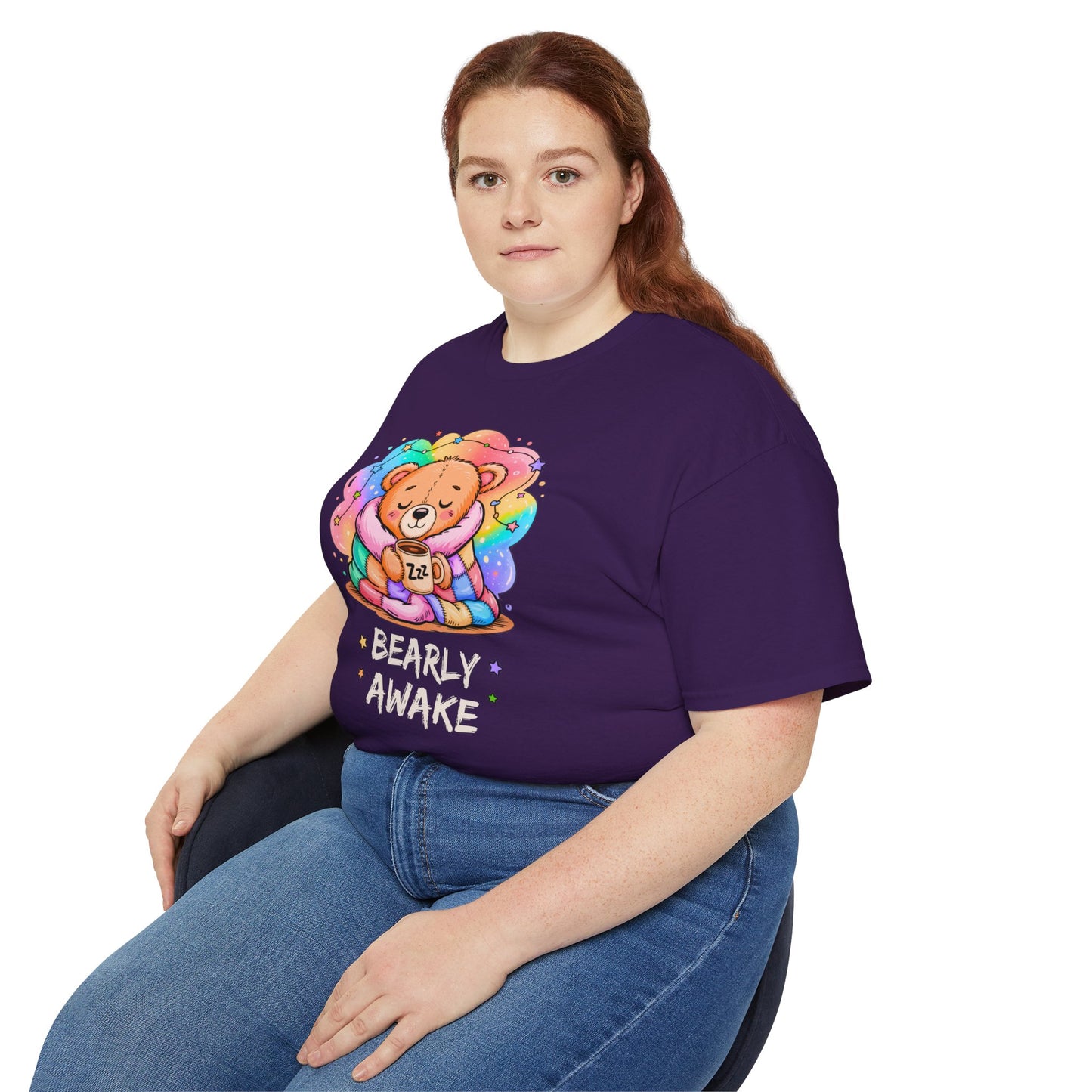Bearly Awake Teddy Bear Tee | Cute Coffee Bear Wrapped in Rainbow Blanket