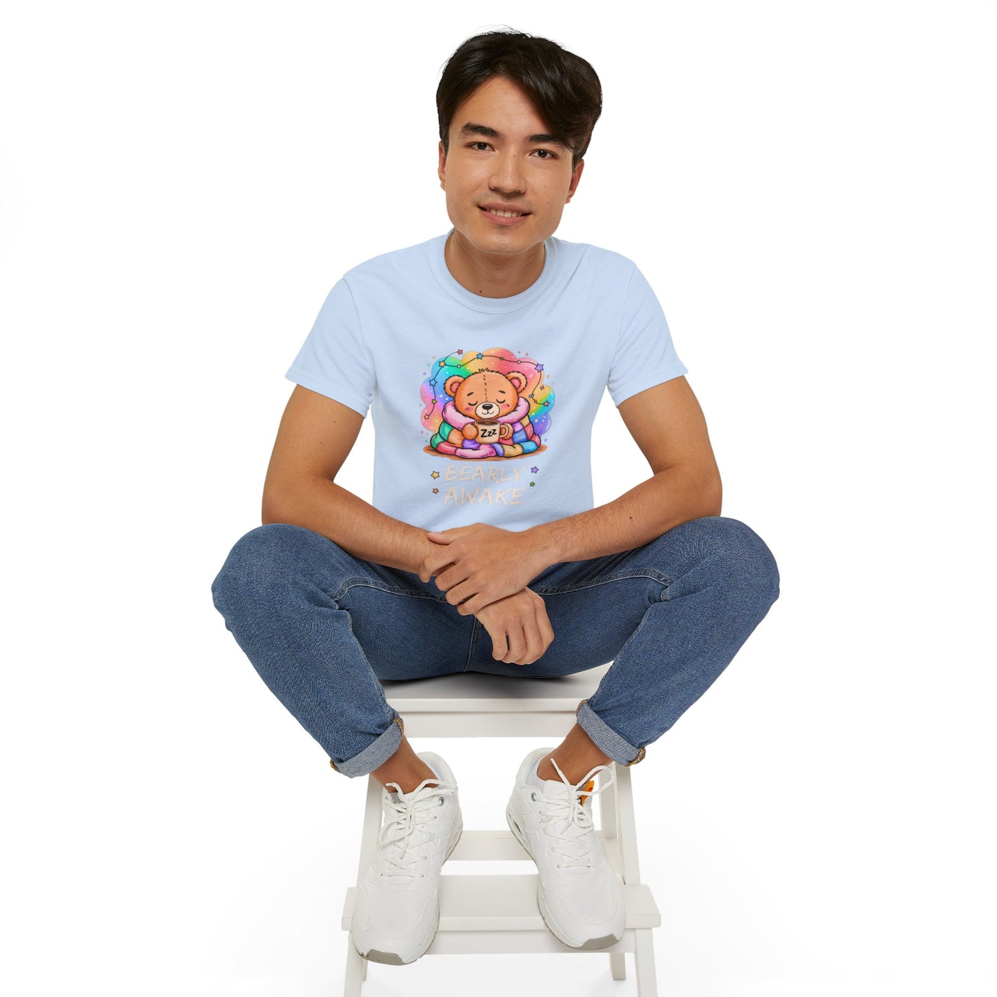 Bearly Awake Teddy Bear Tee | Cute Coffee Bear Wrapped in Rainbow Blanket