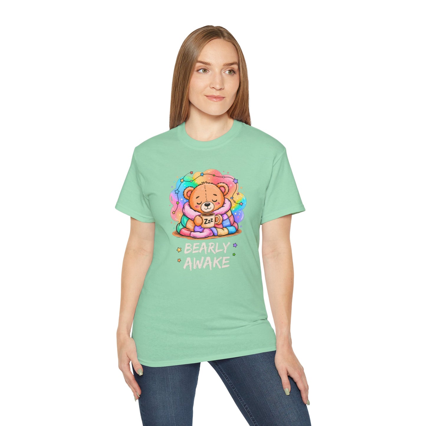 Bearly Awake Teddy Bear Tee | Cute Coffee Bear Wrapped in Rainbow Blanket