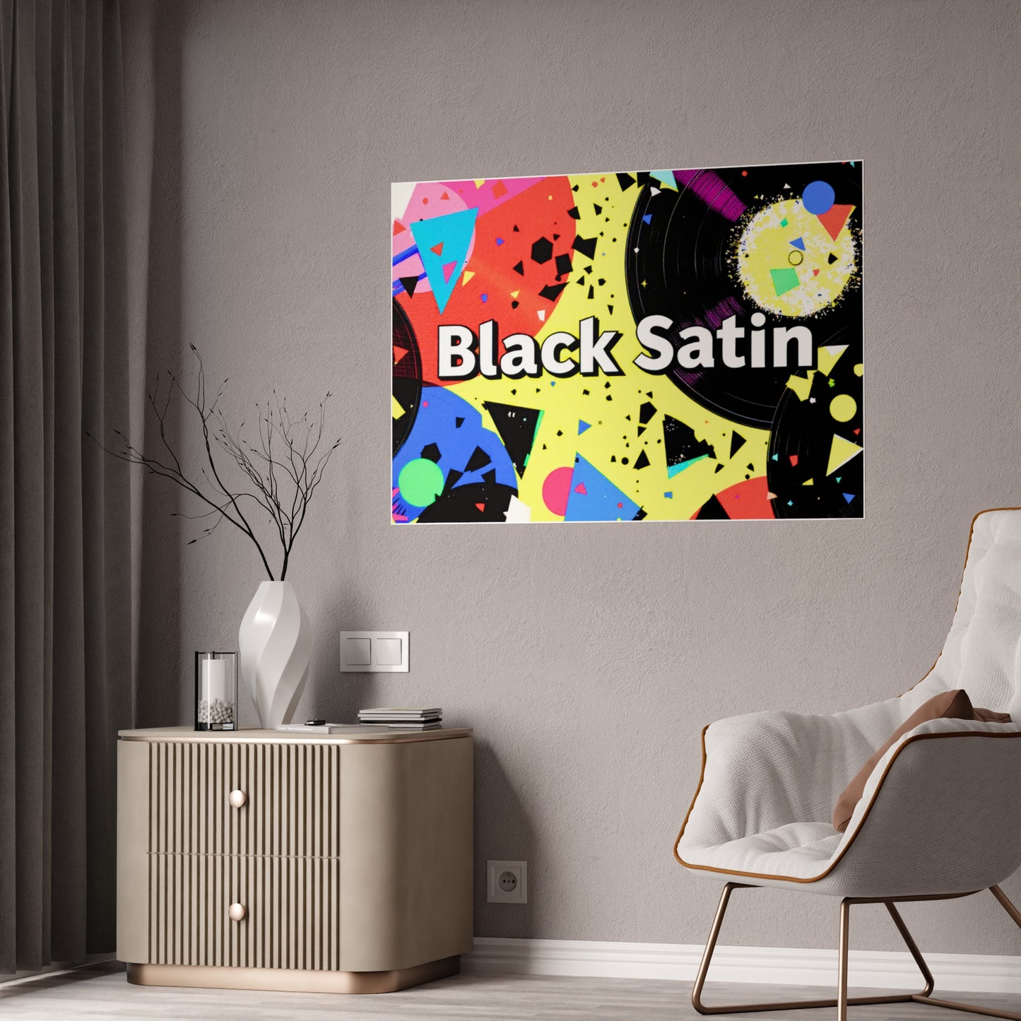 Jazz-Inspired Glossy Poster Art | Black Satin Layers