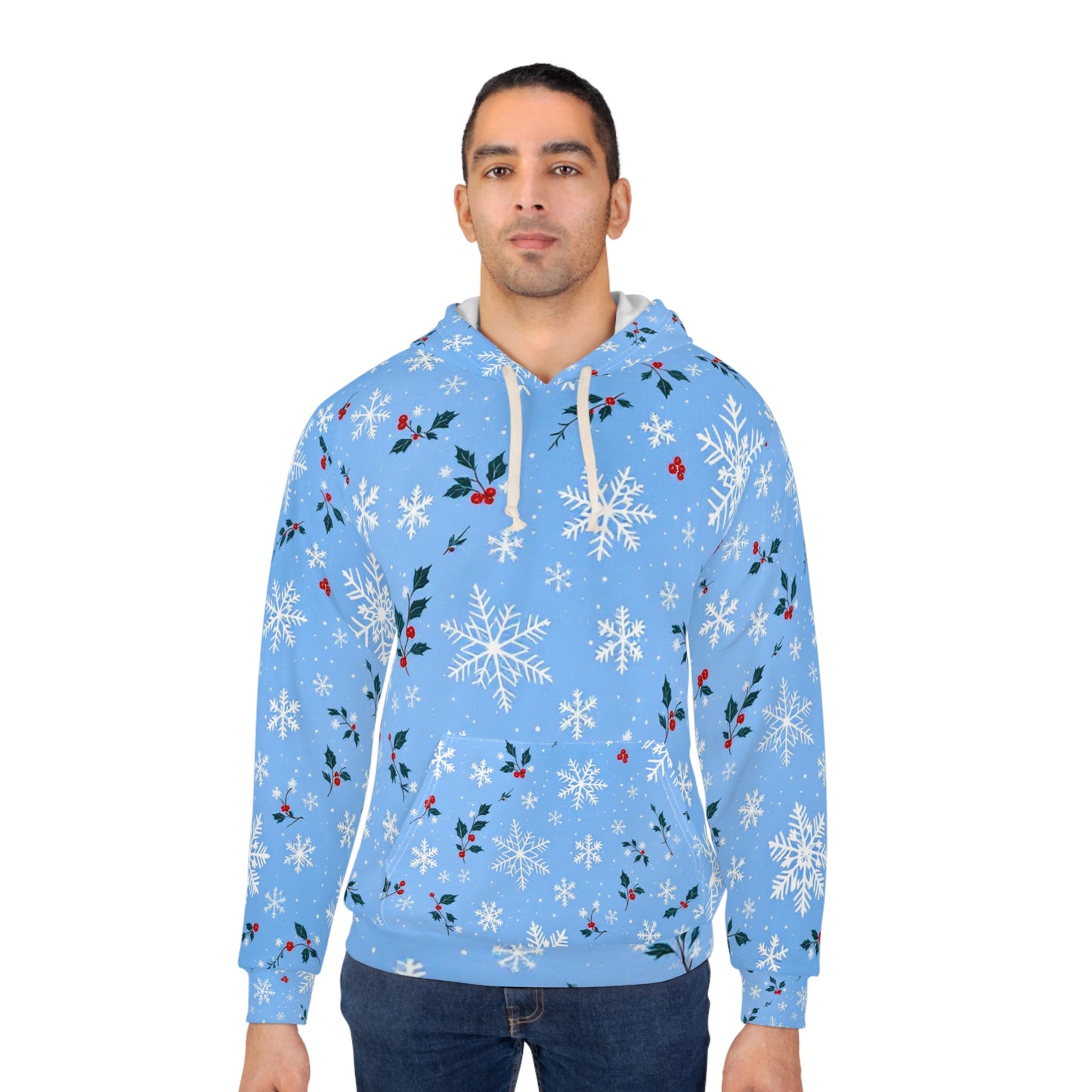 Sweat à capuche unisexe - Flocon de neige et houx d'hiver - Imprimé festif sur toute la surface