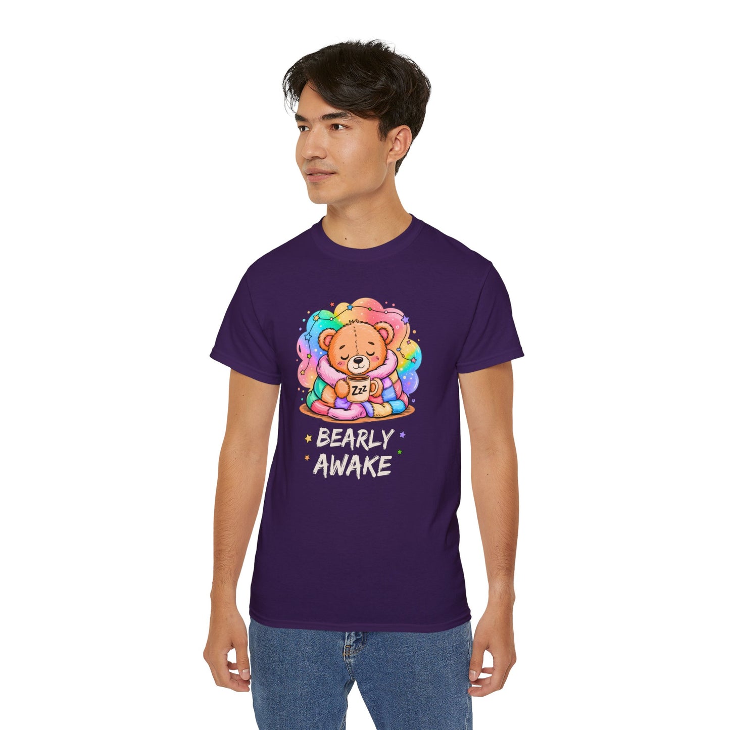 Bearly Awake Teddy Bear Tee | Cute Coffee Bear Wrapped in Rainbow Blanket