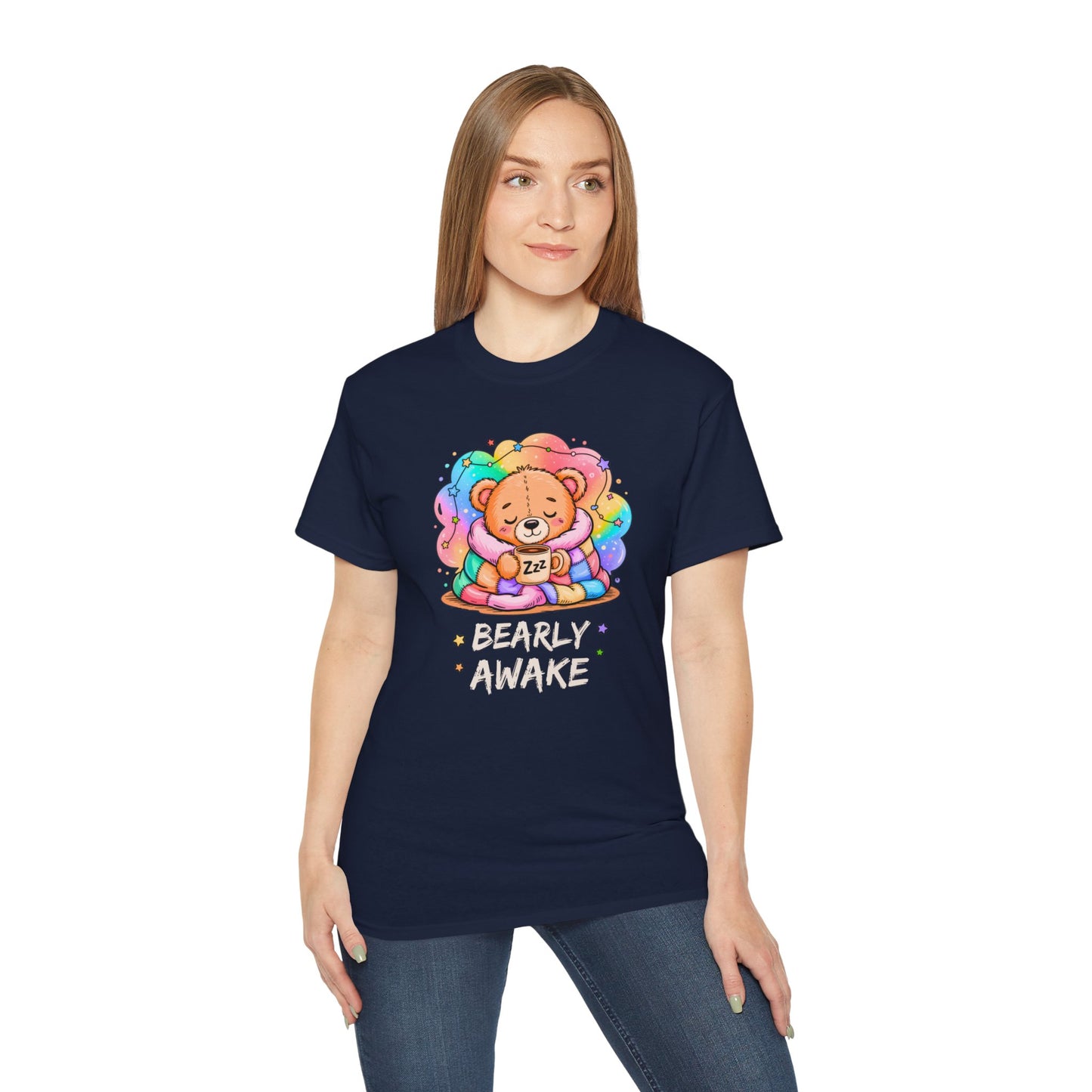 Bearly Awake Teddy Bear Tee | Cute Coffee Bear Wrapped in Rainbow Blanket