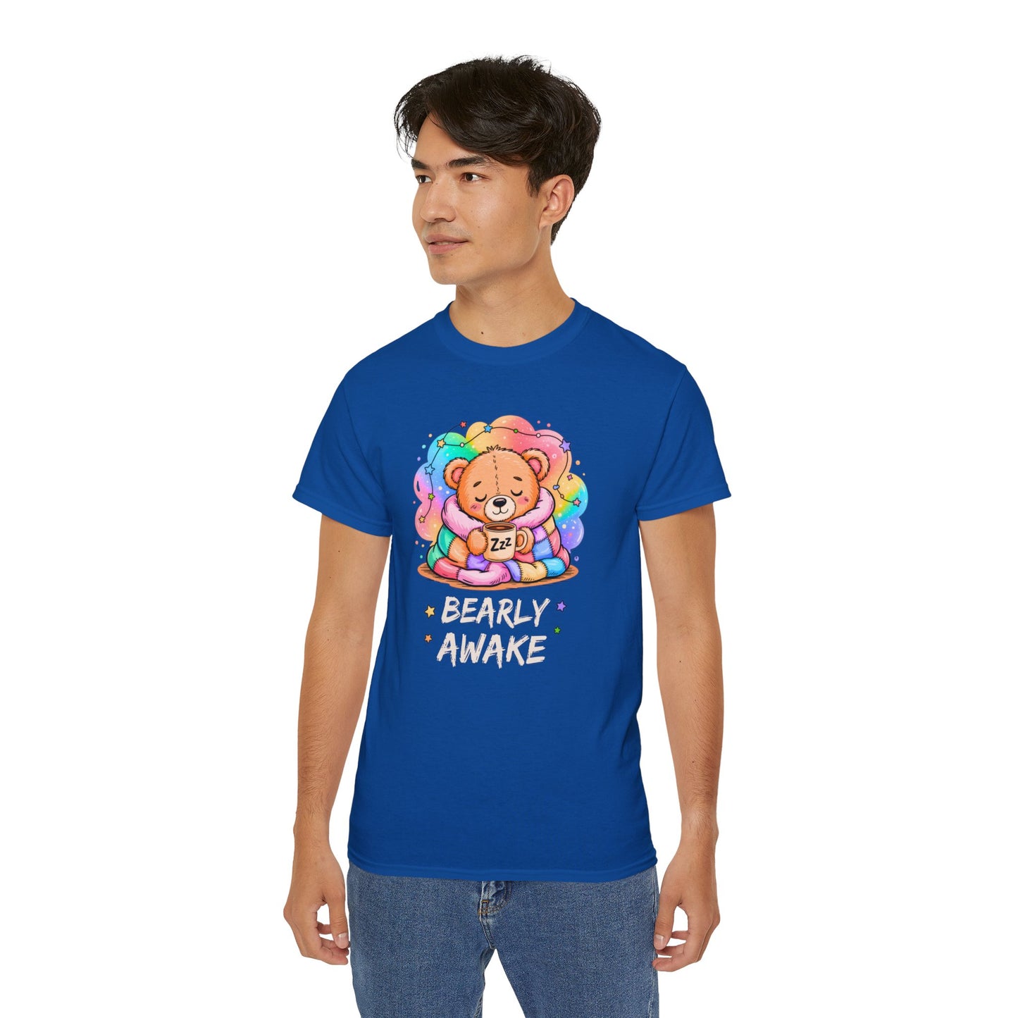 Bearly Awake Teddy Bear Tee | Cute Coffee Bear Wrapped in Rainbow Blanket