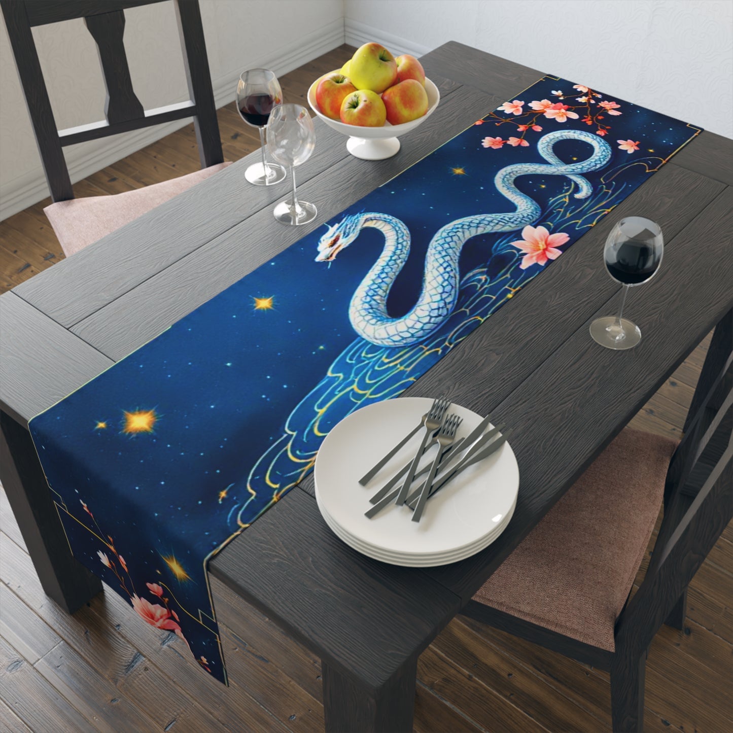 Elegant White Snake and Cherry Blossom Table Runner - Lunar New Year 2025 Décor