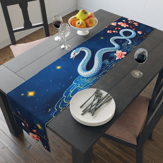 Elegant White Snake and Cherry Blossom Table Runner - Lunar New Year 2025 Décor