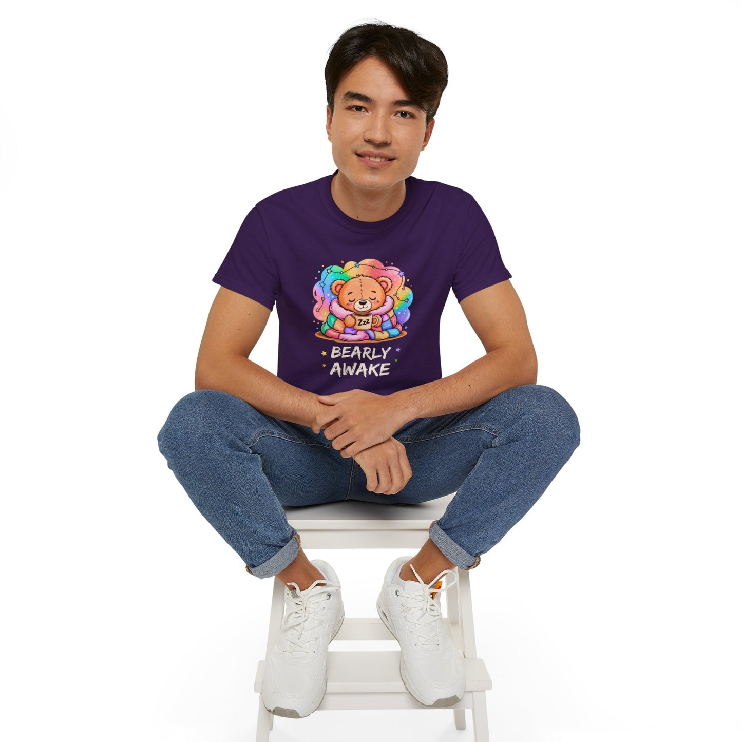 Bearly Awake Teddy Bear Tee | Cute Coffee Bear Wrapped in Rainbow Blanket