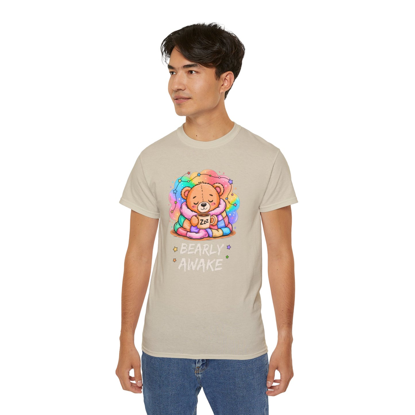 Bearly Awake Teddy Bear Tee | Cute Coffee Bear Wrapped in Rainbow Blanket