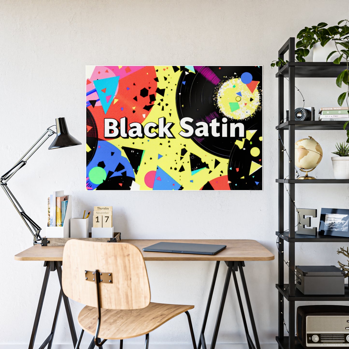 Jazz-Inspired Glossy Poster Art | Black Satin Layers