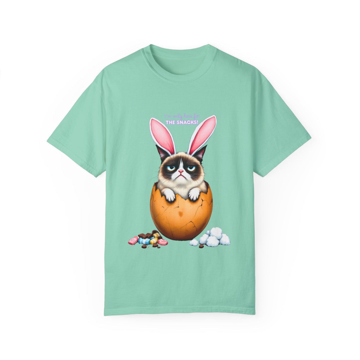 Comfort Colors 1717 Unisex Garment-Dyed T-shirt - “I’m Only Here for the Snacks” Funny Easter Bunny Cat Tee
