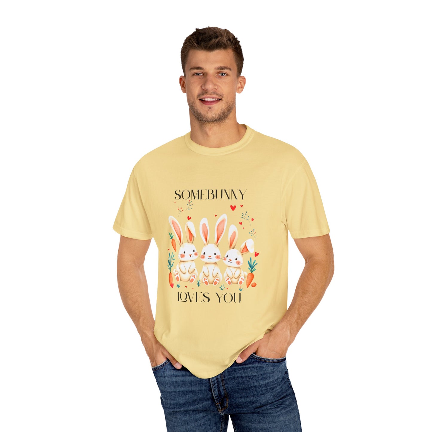 Comfort Colors 1717 Unisex Garment-Dyed T-shirt - “Somebunny Loves You” Trio Bunny Easter Tee