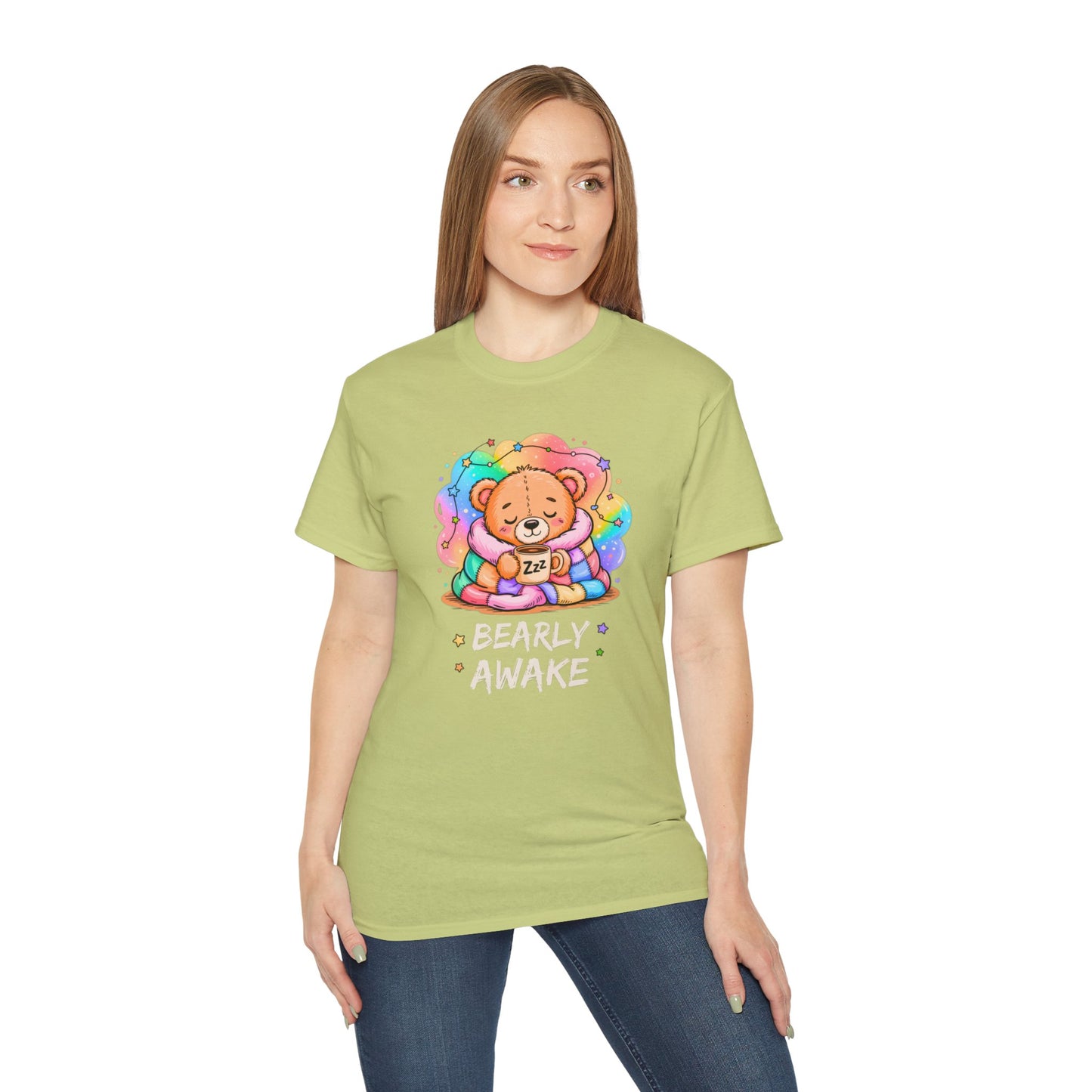 Bearly Awake Teddy Bear Tee | Cute Coffee Bear Wrapped in Rainbow Blanket