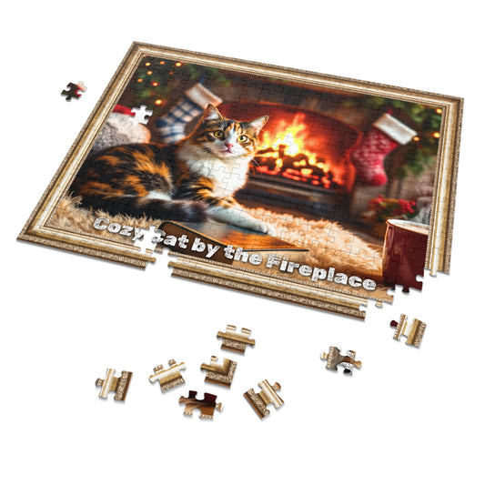 Cozy Cat by the Fireplace Jigsaw Puzzle – A Warm Winter Scene