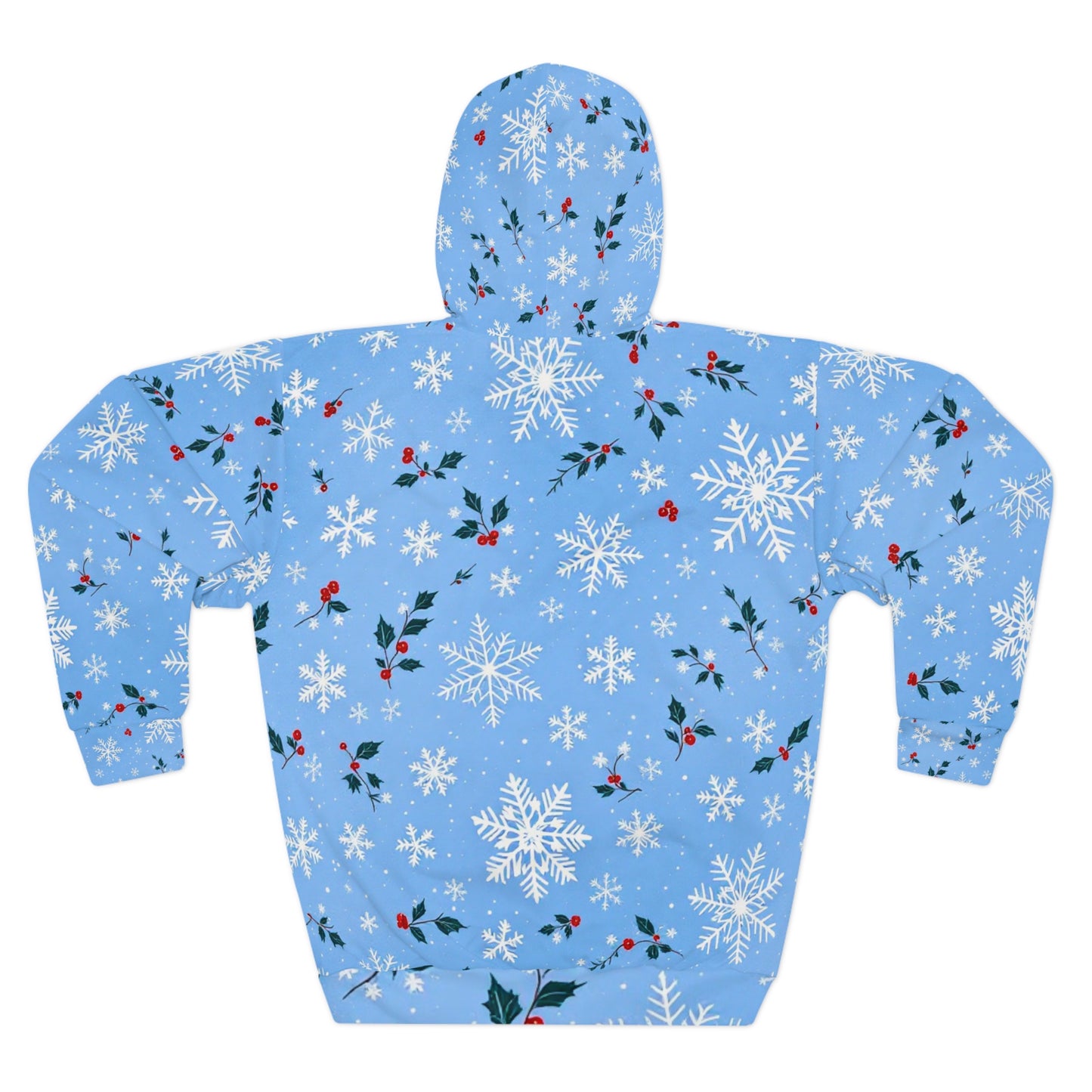 Sweat à capuche unisexe - Flocon de neige et houx d'hiver - Imprimé festif sur toute la surface