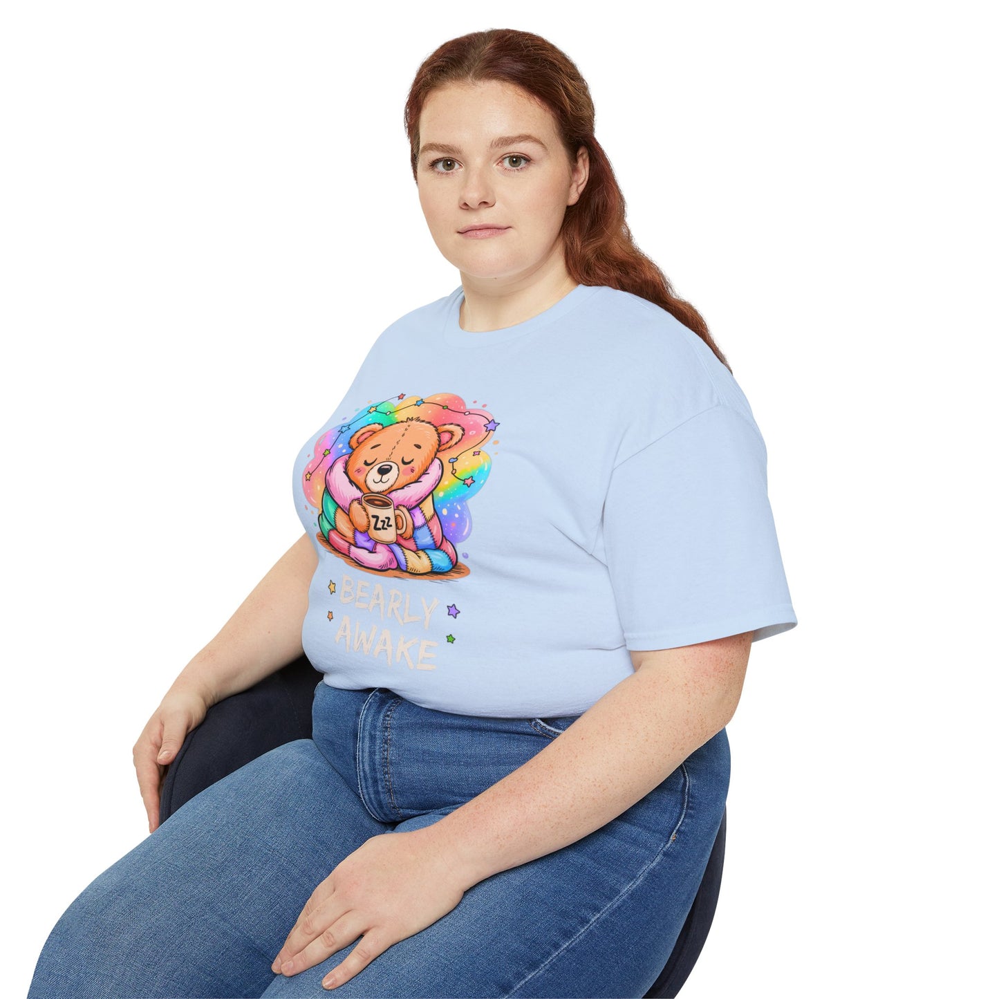 Bearly Awake Teddy Bear Tee | Cute Coffee Bear Wrapped in Rainbow Blanket