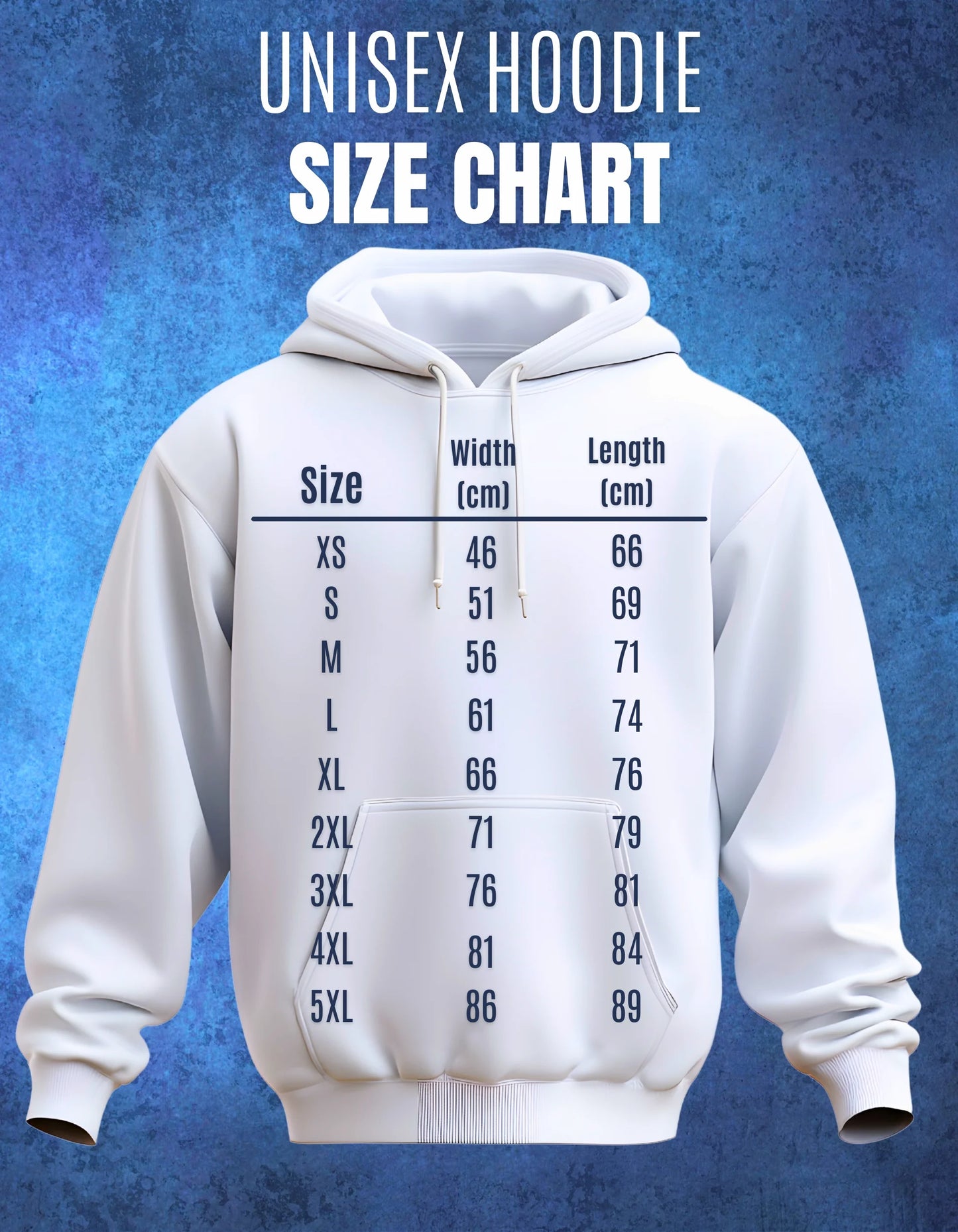 White hoodie with size chart on a blue textured background