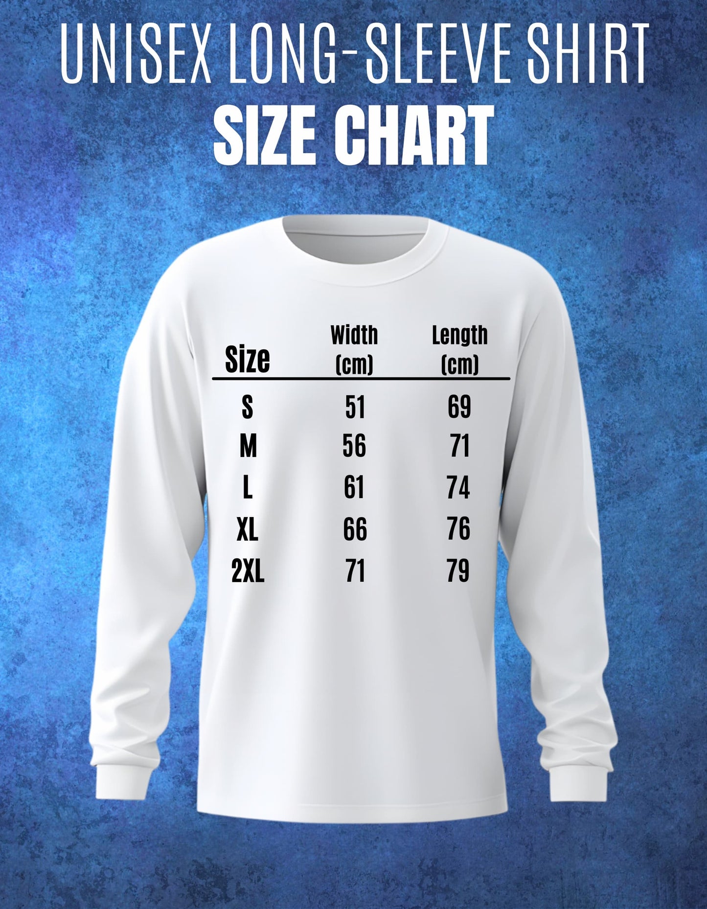 White long-sleeve shirt with size chart on a blue textured background