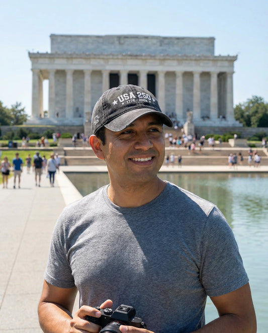 Man in a cap and t-shirt standing in front of the Lincoln Memorial with a camera.